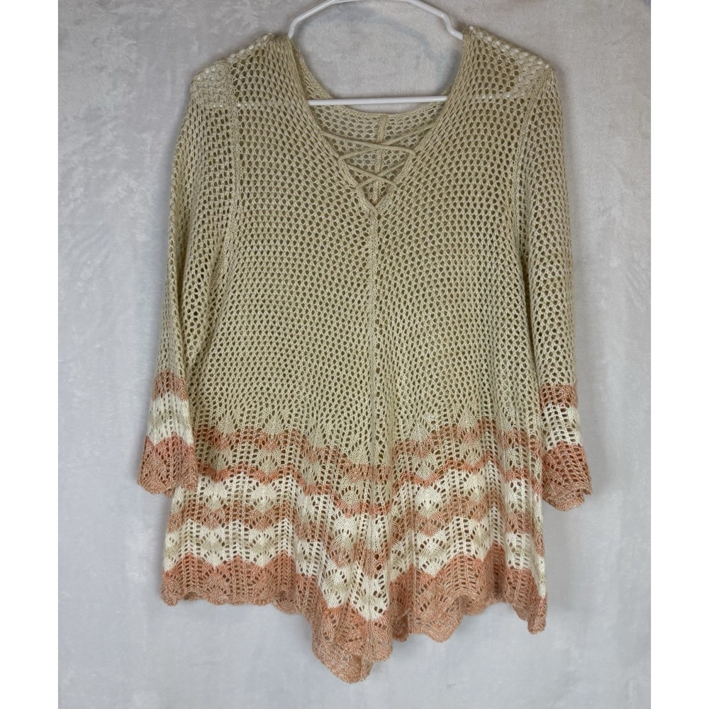 Boho Open Knit Sweater Tunic Cream Peach Lace Bell Sleeve Beachy Top